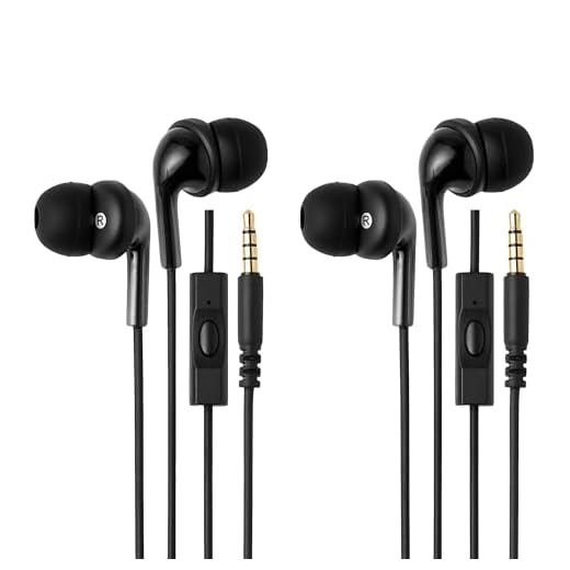 Amazon Basics 3.5mm Wired Earbuds 2 Pack, In-Ear Headphones with Built-In Microphone & Track Control, S/M/L Ear Tips, Compatible with Phones, Laptops & Tablets