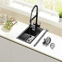 ROVOGO Küchenspüle Schwarz 50 x 28 cm, Edelstahl Spülbecken Küche mit Armaturloch, Ablaufgarnitur und Überlauf-Set, Einbauspüle 1 Becken Rechteckig, Einbau Spüle Klein Edelstahlspüle für Küche