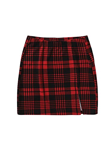 DIDK Women s Casual Tartan Plaid Slit Hem Bodycon Straight Mini Skirt Red Black Gingham XS