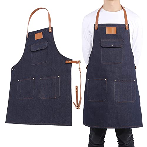 Delantal de mezclilla, hebilla de liberación rápida, correa de cuero con 3 bolsillos, unisex, para cocina, restaurante, cafetería, taller, etc. (paquete de 1)(Azul vaquero + logotipo en blanco) Cover
