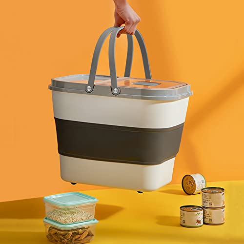 Whdpets Dog Food Storage Container, 30 Lbs Collapsible Pet Food Container With Measuring Scoop & Slow Feeder Bowl, Airtight Sealed Cat Food Bin Kitchen Rice Storage With Rolling Wheel, Grey #TOP6