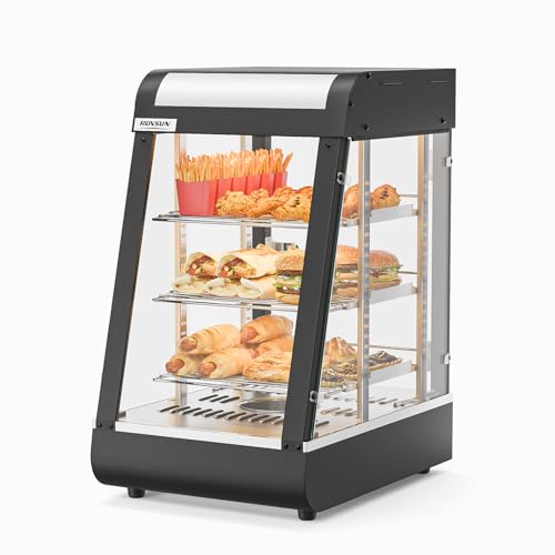 ROVSUN 15" Commercial Food Warmer Display Pizza Warmer, 3-Tier Electric Countertop Food Warmer w/LED Lighting Adjustable Removable Shelves Glass Door, Pretzel Warmer for Buffet Restaurant, 1000W