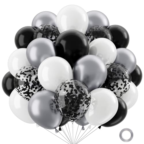 QIFU 50 Stück 12 Zoll Luftballons Schwarz Weiß Silber,Ballons Schwarz Konfetti Luftballons...