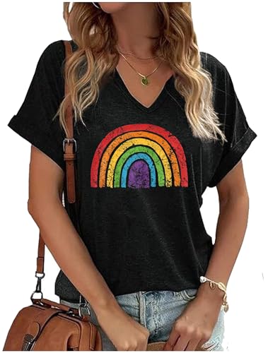 Camisetas femininas com gola V Orgulho Gay com estampa lésbica arco-íris LGBT igualdade camisetas mo