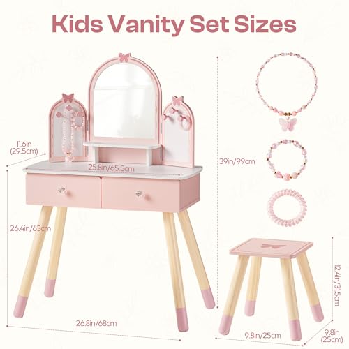 Image of ROBOTIME Pink Kids Vanity Set Butterfly Mirror & Stool Small Girl Vanity Desk with 2 Drawers Kids Make up Pretend Play Table Ideal Birthday for Toddler Age 3+ Bedroom Playroom Decor
