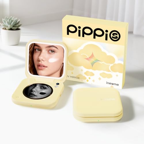 inewme Mini UV Camera Mirror for Sunscreen Check Portable 3 Compact Travel Mirror with LED Light & UV-Sensing Color Changing Shell 3-Color Dimming Tech Beauty Gift for Skincare Lovers