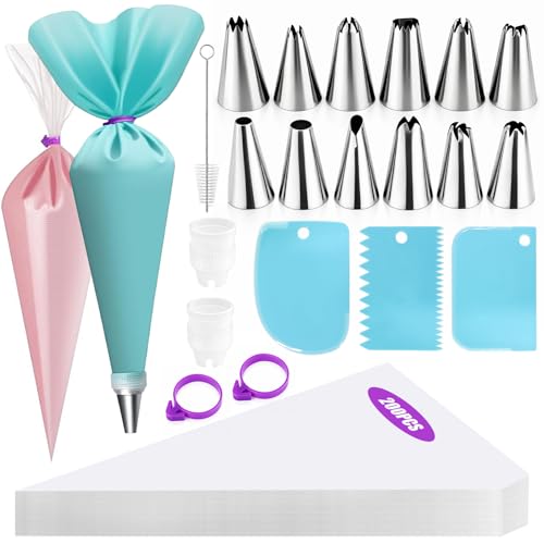 220PCS Piping Bags and Nozzles Collection - 12 Stainless Steel Icing Nozzles, 200 Disposable Bags, 1 Reusable Silicone Pastry Bag, 3 Scrapers, 1 Brush, 2 Ties & 2 Couplers for Cake Decoration