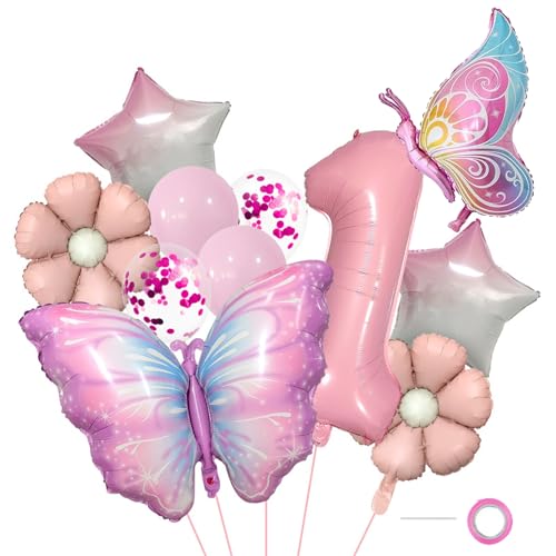 Affivia Globos de mariposa para 1er cumpleaños, flores rosas y mariposas, globos de papel de aluminio, decoración de fiesta con globos de confeti