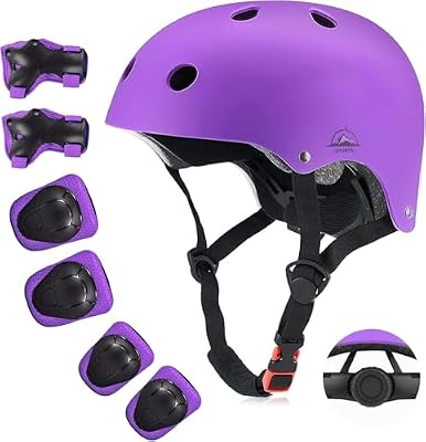Kids Bike Helmet for Ages 5-15, Adjustable Safety Toddler Helmet with Protective Gear Set, Skateboard Scooter Helmets with Knee Elbow Pads Wrist Guards for Boys Girls (Medium, Purple)