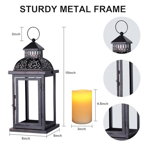 Image of NEEDOMO Lanterns Decorative Indoor & Outdoor, 15'' Lantern with LED Candle, Vintage Metal Hanging Lanterns for Patio, Front Porch,Yard, Table, Spring (NO Glass)