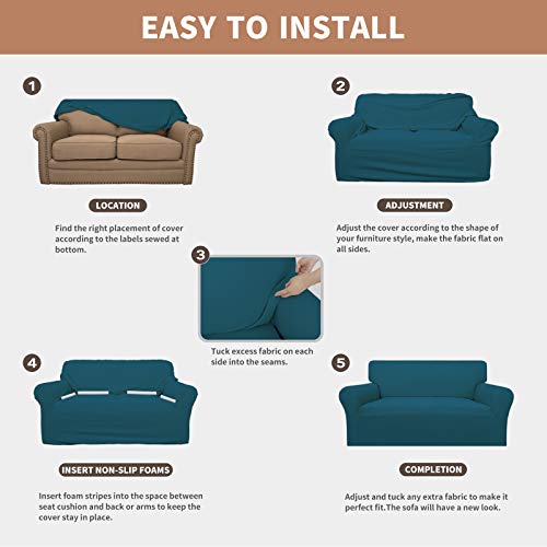 Image of Easy-Going 100% Waterproof Couch Cover, 3 Cushion Oversized Sofa Cover | Leakproof Sofa Slipcover, Stretch Jacquard Furniture Protector Against Stain Spill from Kids, Pets, Dog, Peacock Blue