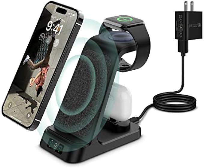 DDUAN Wireless Charging Station, 3 in 1 Fast Charging Stand, Wireless Charger for Apple Watch 8/7/6/5/4/3 & iPhone14/13/12/11/Pro/Max/X/XS/Max/XR/8, Airpods/Pro(QC3.0 Adapter Included)