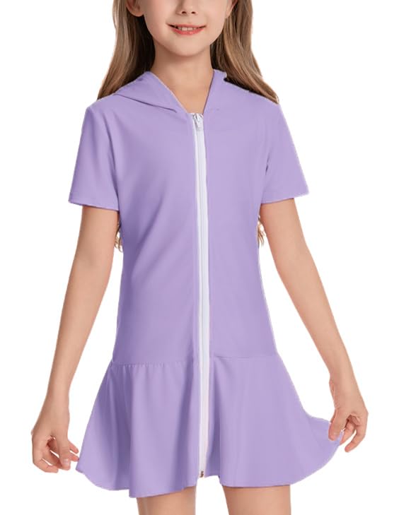 Image of Girls Sun Protective Swim Cover Up Hooded with Full-Length Zipper Short Sleeve UPF 50+ Beach Dress Coverup