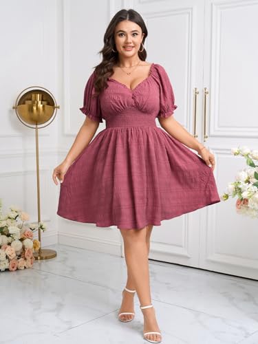 Image of SCOMCHIC Womens Plus Size Summer Dresses Casual Sun Dress Sweetheart V Neck Puff Short Sleeve Smocked A Line Mini Dress