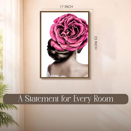 Image of Modern Floral Portrait Framed Canvas Painting For Living Room | Abstract Woman Rose Wall Art For Livingroom Wall Decor, Home Decor, Bedroom, Hallway's, Office, Hotel - 43x58 cm