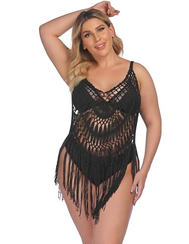 Ekouaer Vestido de Playa para Mujer con Flecos Ahuecado para Cubrir Bikini Sexy de Verano Sin Mangas Tejido a Crochet Minibañador Negro M