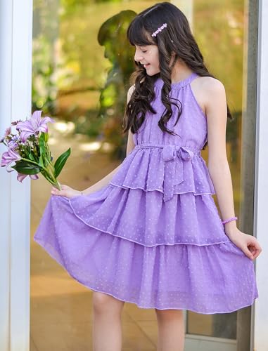 Move Dance Girls Summer Dress Tween Halter Neck Purple Violet Flared Midi A-Line Sundress Swiss Dot Sleeveless Casual Layered Chiffon Dresses with Belt 12-13 Years Old - image 2