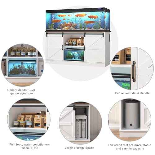 Image of Hlivelood Farmhouse 75-120 Gallon Fish Tank Stand with Power Outlet, Aquarium Stand w /Cabinet&Sliding Barn Door, Heavy Duty Reptile Tank Stand for Fish /Turtle /Reptile Terrarium, 1000LB Capacity, White