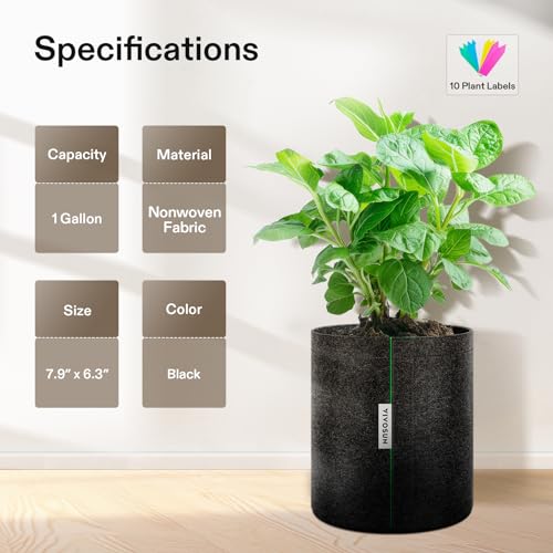 VIVOSUN 5-Pack 1 Gallon Grow Bags, Fabric Pots with Self-Adhesion Sides for Transplanting