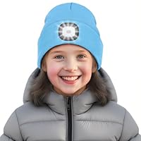 SPGOOD Wiederaufladbare mütze mit LED licht für Kinder, für Jungen und Mädchen, abnehmbare und waschbare warme beleuchtete mütze mit Lampe für den Winter im Freien(Hellblau)