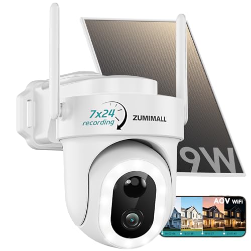 Image of ZUMIMALL 24 /7 Recording Solar Security Cameras Wireless Outdoor, 9W Solar Panel, 2K AOV Cameras for Home Security, 360 Auto Tracking, Color Night Vision, 2.4GHz WiFi, 512G Local Storage(Not Include)