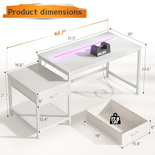 Image of DurayLoly 48 inch White Office Desk with Printer Shelf for Teens Bedroom & Dorm | Study Desk with Printer Shelf, Storage Drawers & Hook; Store Printer, Stationery and Accessories for Small space, White