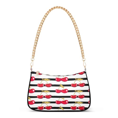 Shoulder Bag for Women Cherries Golden Stripes Tote Handbag Crossbody Bag with Zipper Closure