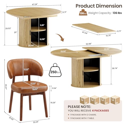 Image of MALOL 47 inch-63 inch Extendable Round to Oval Dining Table Chairs Set for 4-8, Modern Wooden Kitchen Table and Chairs with Hidden Storage and Fluted Design for Dining Room /Small Space(Natural Wood and Brown)