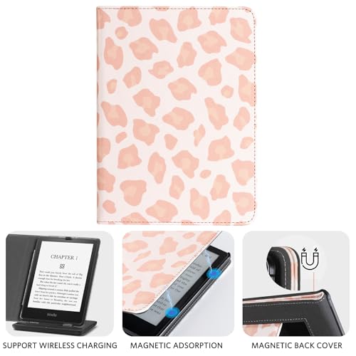 Image of CoBak Case for 6 inch E-Reader - PU Leather Smart Cover with Auto Sleep /Wake & Hand Strap, not Compatible with Kobo Clara,Pink Leopard