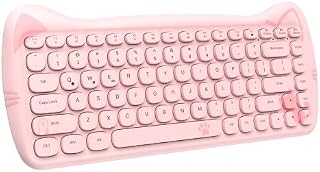 ZIYOU LANG 3060i Wireless Cute Computer Keyboard 80% Percent Lovely Cat Retro Silent Slim Bluetooth Keyboard with Typewriter Round Matte Texture Keycap Multi Device Connection for PC Laptop Mac-Pink