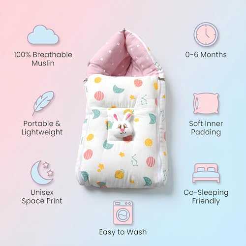 Image of VoiDrop Baby Sleeping Bag for New Born, Muslin Baby Sleeping Bag 0-6 Month for Infant, Washable & Foldable Cotton Design (Pink)