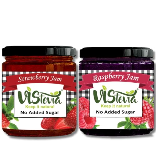Image of Vistevia Sugar Free Raspberry & Strawberry Jam, Diabetic and Keto Friendly - Sweetened Naturally with Stevia, More Than 60% Whole Berry Content - Tastes Delicious - Pack of 2 (220 * 2 GM)