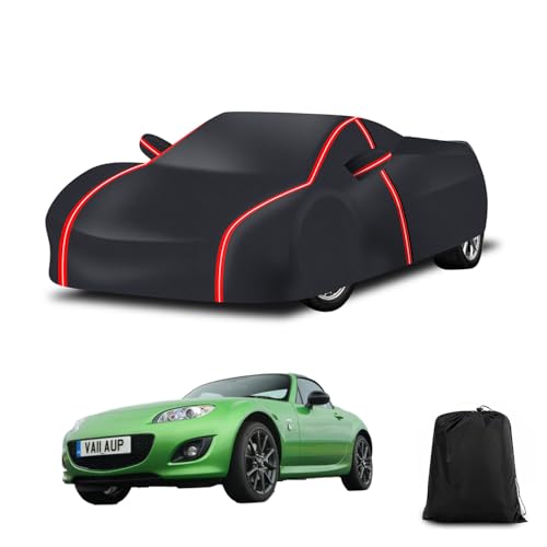 Image of Waterproof Car Cover for Mazda Miata MX5 MX-5 1990-2026,All Weather Outdoor 230T Polyester with Driver Door Zipper, Snow Rain Dust Sun UV Protection, Includes Storage Bag(Black+Red)