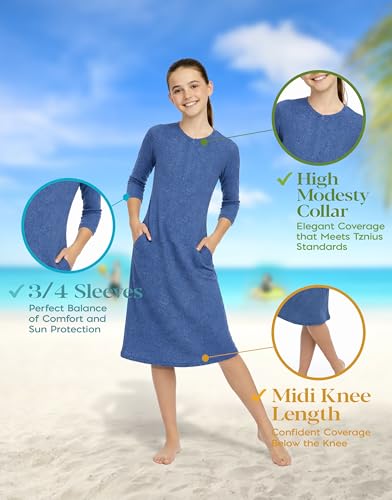 Image of Shira Modest Girls Swim Dress | 3 /4 Sleeve Swimdress, Full Coverage Bathing Suit | Tznius UPF 50+ Quick-Dry