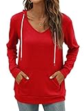 Saloogoe Long Sleeve Shirts for Women V Neck Pullover Hoodies Christmas Sweaters Red L