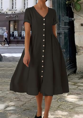 Image of chouyatou Women's Summer Fit and Flare Swing Cotton Dress Casual V-Neck Button Down Beach Midi Dress