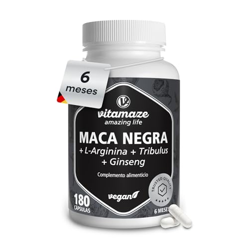 Maca Negra con Tribulus y Ginseng, 6 Meses Alta Concentración 10.000 mg en 1 Cápsula Diaria. Energía, Fuerza y Rendimiento. L-Arginina, Zinc, Vitaminas B. 180 Cápsulas Veganas, Fabricado en Alemania