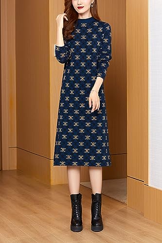 LAI MENG FIVE CATS Women's Fall Casual Long Sleeve Knitted Stretch Pullover Sweater Elegant Midi Dress2
