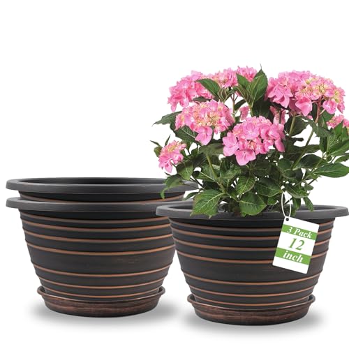KPUVX 12 Inch Plastic-Flower Pot-for-Indoor Plants, 3 Pack Large planters for Outdoor Plants with Drainage Holes & Saucers, Retro Antique Imitation Decorative Garden Pots Planters