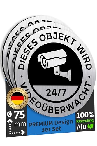 SCHILDERBOXX 3er Set Achtung Videoüberwachung Schild Klein Ø75mm 100% Alu