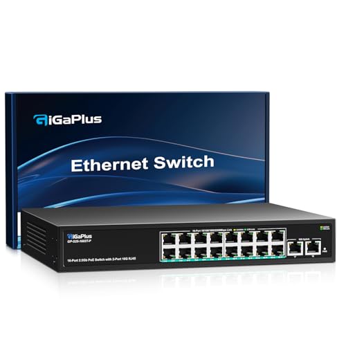 18 Port 10Gb Unmanaged PoE Ethernet Switch with 16*2.5G Base T PoE Ports, 2*10G RJ45 Ports. 120Gbps Switching Capacity, GiGaPlus 10Gbps Network Switch for 2.5G/10Gbps NAS/PC, WiFi6 Router, Wireless AP