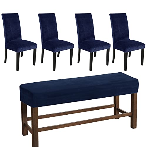 Busamedo Stretch Velvet 4Pcs Dining Room Chair Cover Parsons Chair Slipcover 1 Pcs Dining Bench Cover Removable Seat Protector For Dining Room (Navy Blue) #TOP11
