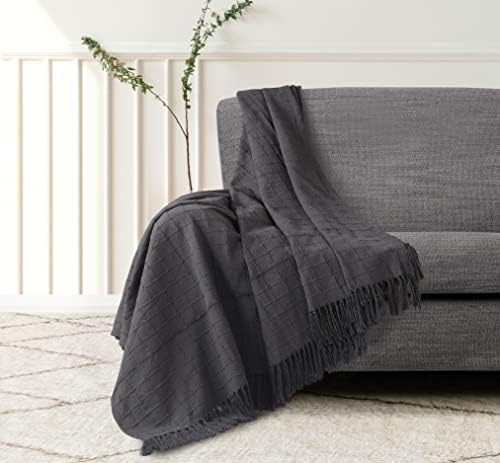 La Maison 100% Indian Cotton Large Batten Throwover Sofa Throw Bed Throw Woven Handloom Tassel Armchair Decorative Blanket (Charcoal, 127cm x 152cm / 50" x 60")