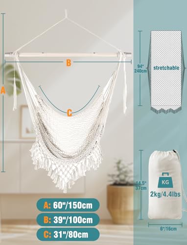 Image of Chihee Hammock Chair Handmade Woven Mesh Hanging Seat Metal Spreader Bar | Cotton Blended Rope Hanging Chair Ventilated Soft-Spun Large Stretch Hammock Swing, Elegant Macrame Indoor Outdoor Garden