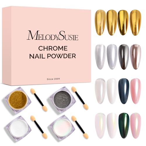 Image of MelodySusie 4Pcs Chrome Nail Powder for Gel Nails, Aurora Fine Glitter Powder Mirror Effect Pigment Pearlescent Mermaid Pigment Pearl Glitter for Home DIY Salon Use