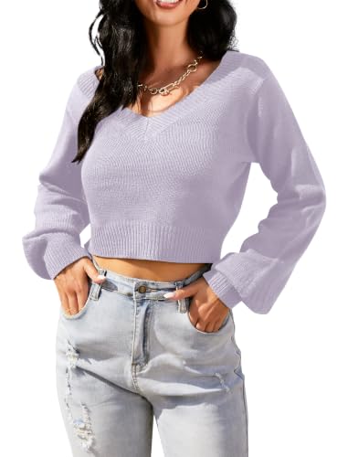 Image of ZAFUL Women's Cropped Sweater V-Neck Long Sleeve Pullover Jumper Knit Top | Crop Length, Ribbed Knit, Double V design, White sweater, Raglan sleeves, lantern sleeve, Fall & Winter, Loose fit, Oversized