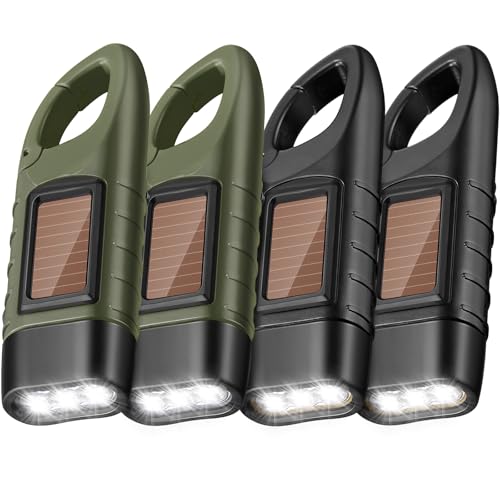 Mudder 4 Pack Hand Crank Solar Powered Flashlight Emergency Rechargeable Led Flashlight Survival Gear Self Powered Charging Torch for Hiking Backpack Camping Safety Emergency Pack (Green, Black)