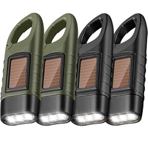 Mudder 4 Pack Hand Crank Solar Flashlight LED Emergency,Green, Black