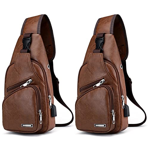 Ehwisbe 2X Mini Interfaz USB Un Bolso Casual para Hombre Moda Al Aire Libre Paquete de DíA de Viaje Pu Bolso de Bolso de Bandolera Bolso de Hombro ÚNico MarróN