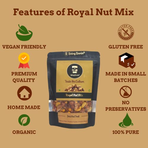 Image of Being Bania Royal Nut Mix | No Palmolein Oil | Cashews, Almonds, Peanuts, Chickpeas, Green Gram Mix | Kaju Badaam Namkeen | Desi Trail Mix | Premium Namkeen Chakna | 280g each (Pack of 2)